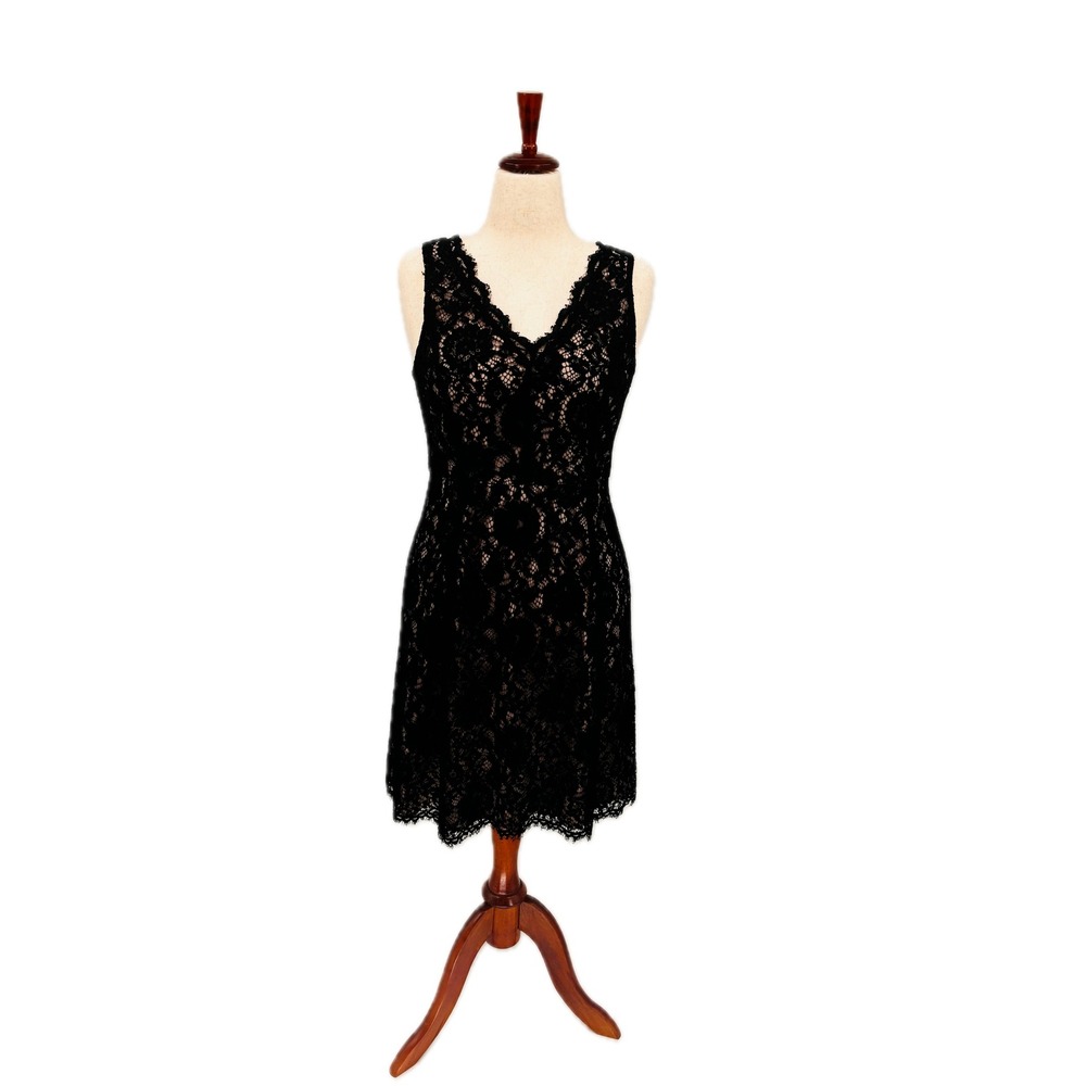 Ann Taylor Loft Black Lace Dress Womens S Nude Lining V-Neck Sleeveless